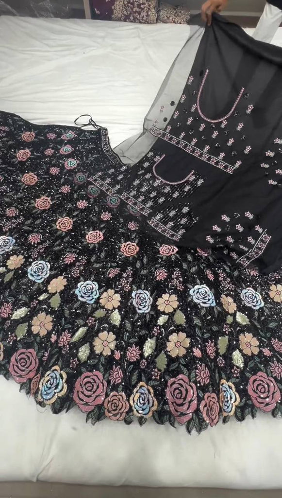 Black Graceful Soft Net Semi-Stitched Lehenga Choli Set with Elegant Sequence Work Clothsvilla