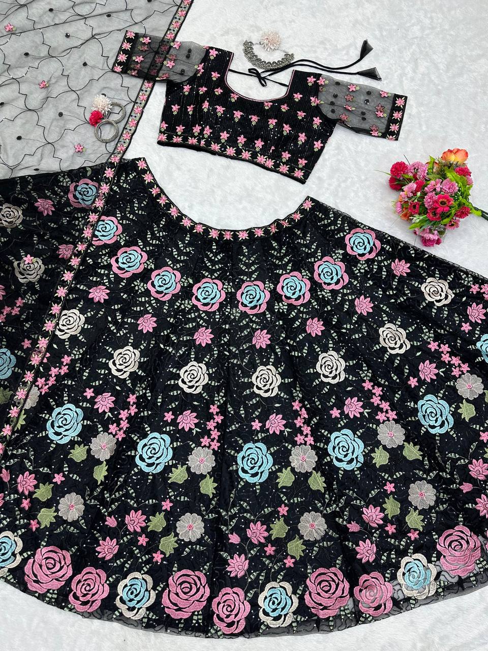 Black Graceful Soft Net Semi-Stitched Lehenga Choli Set with Elegant Sequence Work Clothsvilla