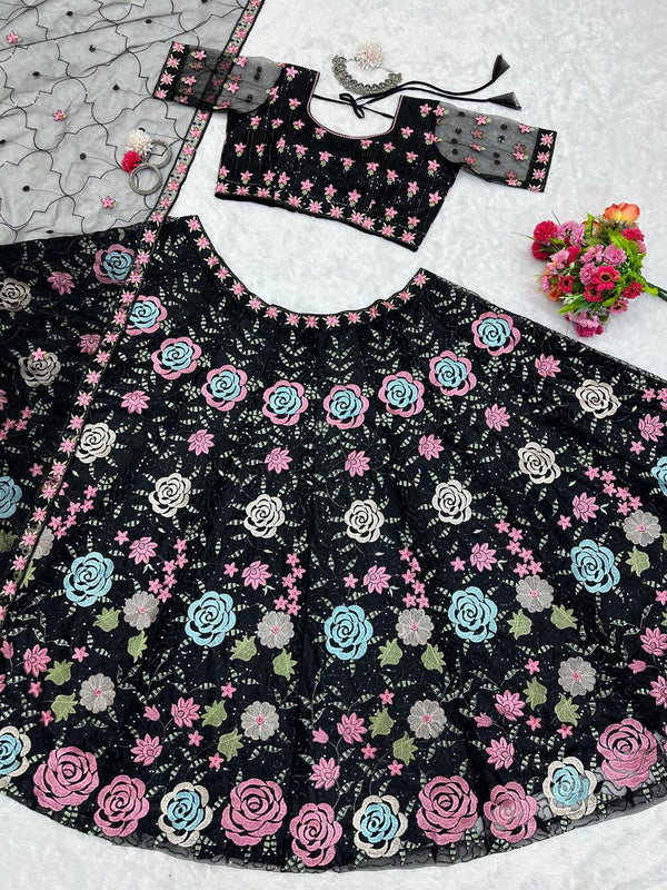 Black Graceful Soft Net Semi-Stitched Lehenga Choli Set with Elegant Sequence Work Clothsvilla