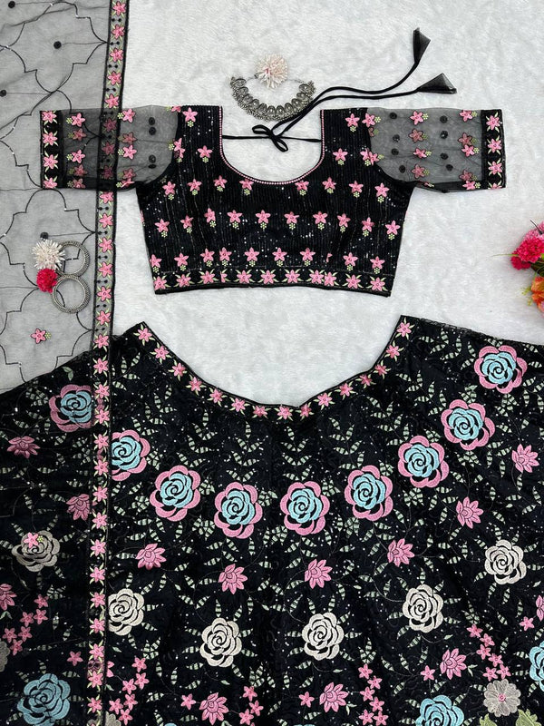 Black Graceful Soft Net Semi-Stitched Lehenga Choli Set with Elegant Sequence Work Clothsvilla
