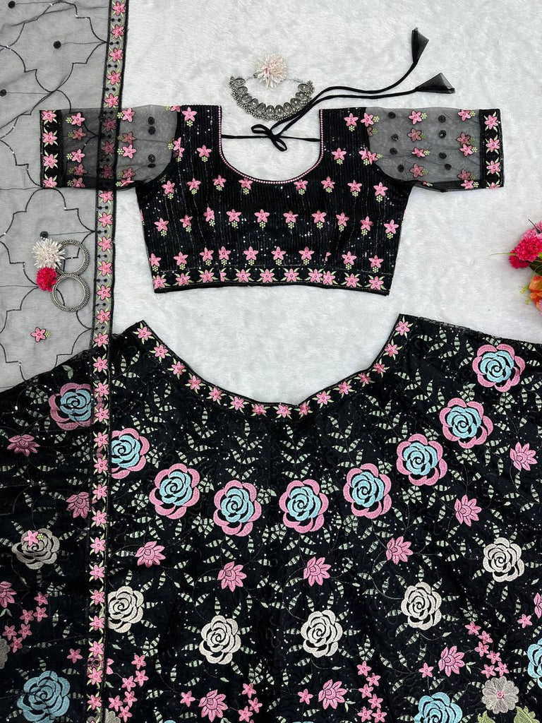 Black Graceful Soft Net Semi-Stitched Lehenga Choli Set with Elegant Sequence Work Clothsvilla