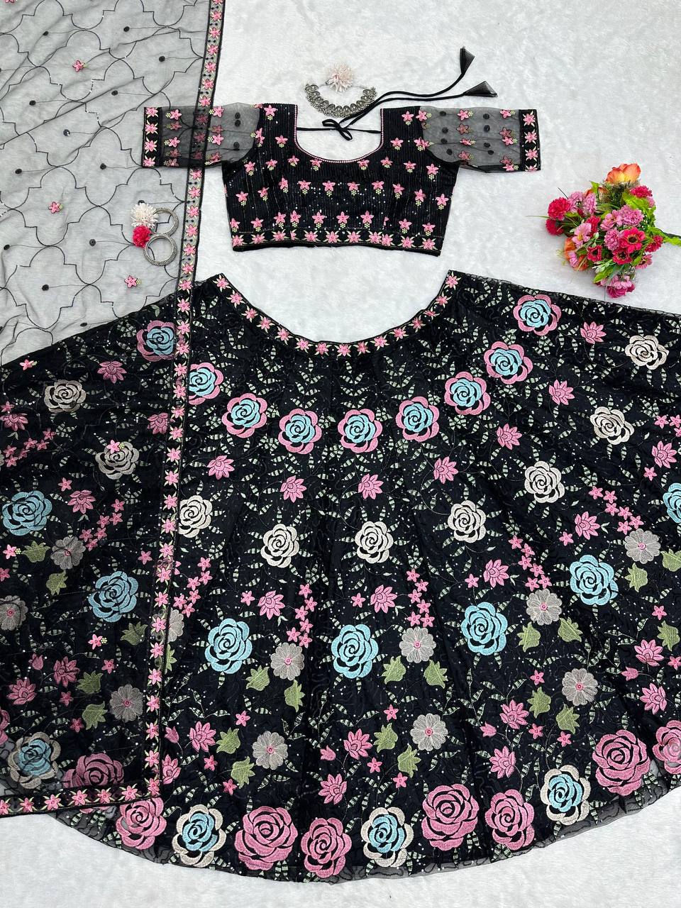 Black Graceful Soft Net Semi-Stitched Lehenga Choli Set with Elegant Sequence Work Clothsvilla