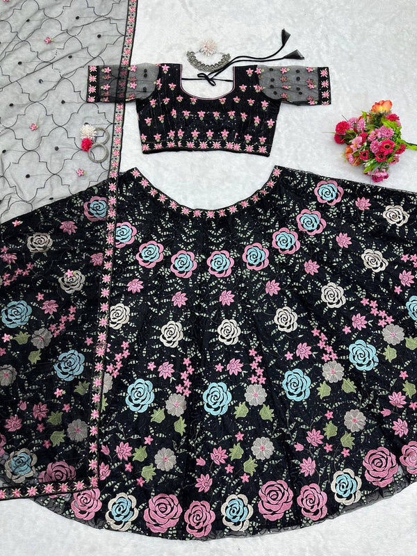 Black Graceful Soft Net Semi-Stitched Lehenga Choli Set with Elegant Sequence Work Clothsvilla
