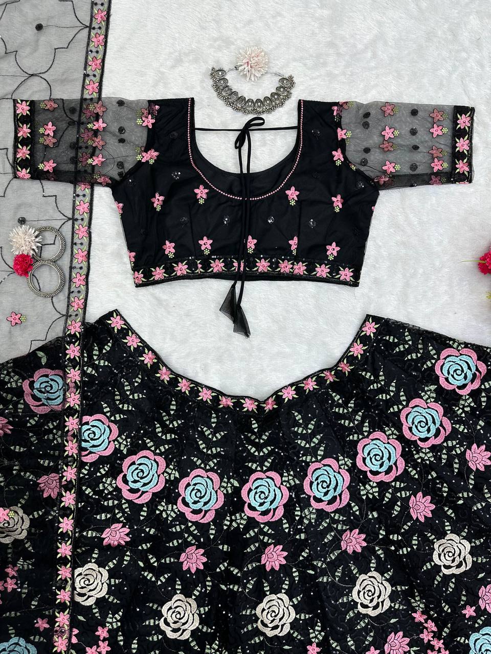 Black Graceful Soft Net Semi-Stitched Lehenga Choli Set with Elegant Sequence Work Clothsvilla