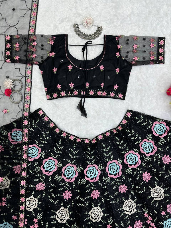 Black Graceful Soft Net Semi-Stitched Lehenga Choli Set with Elegant Sequence Work Clothsvilla