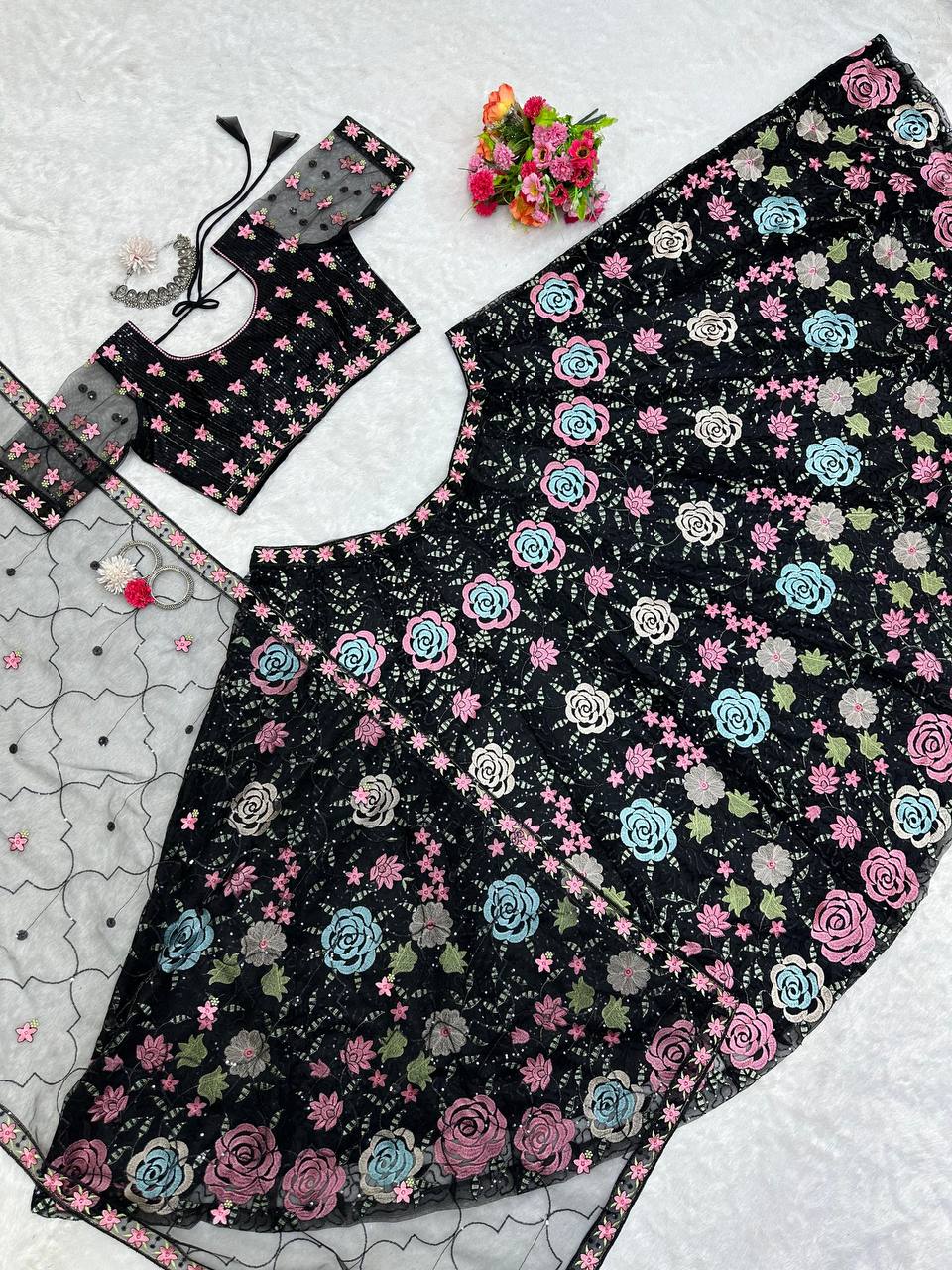 Black Graceful Soft Net Semi-Stitched Lehenga Choli Set with Elegant Sequence Work Clothsvilla