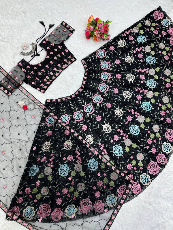 Black Graceful Soft Net Semi-Stitched Lehenga Choli Set with Elegant Sequence Work Clothsvilla
