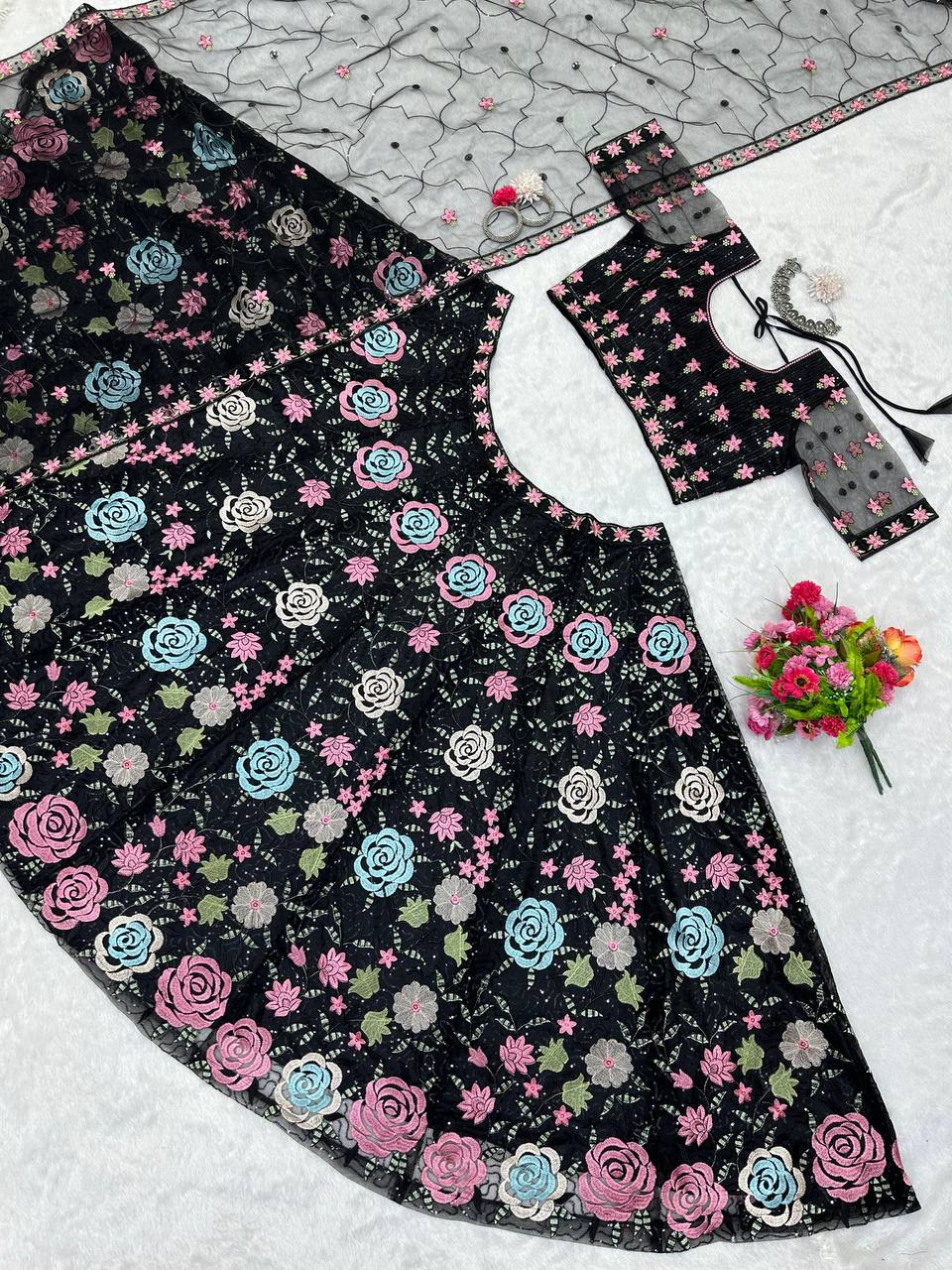Black Graceful Soft Net Semi-Stitched Lehenga Choli Set with Elegant Sequence Work Clothsvilla