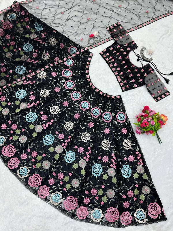 Black Graceful Soft Net Semi-Stitched Lehenga Choli Set with Elegant Sequence Work Clothsvilla