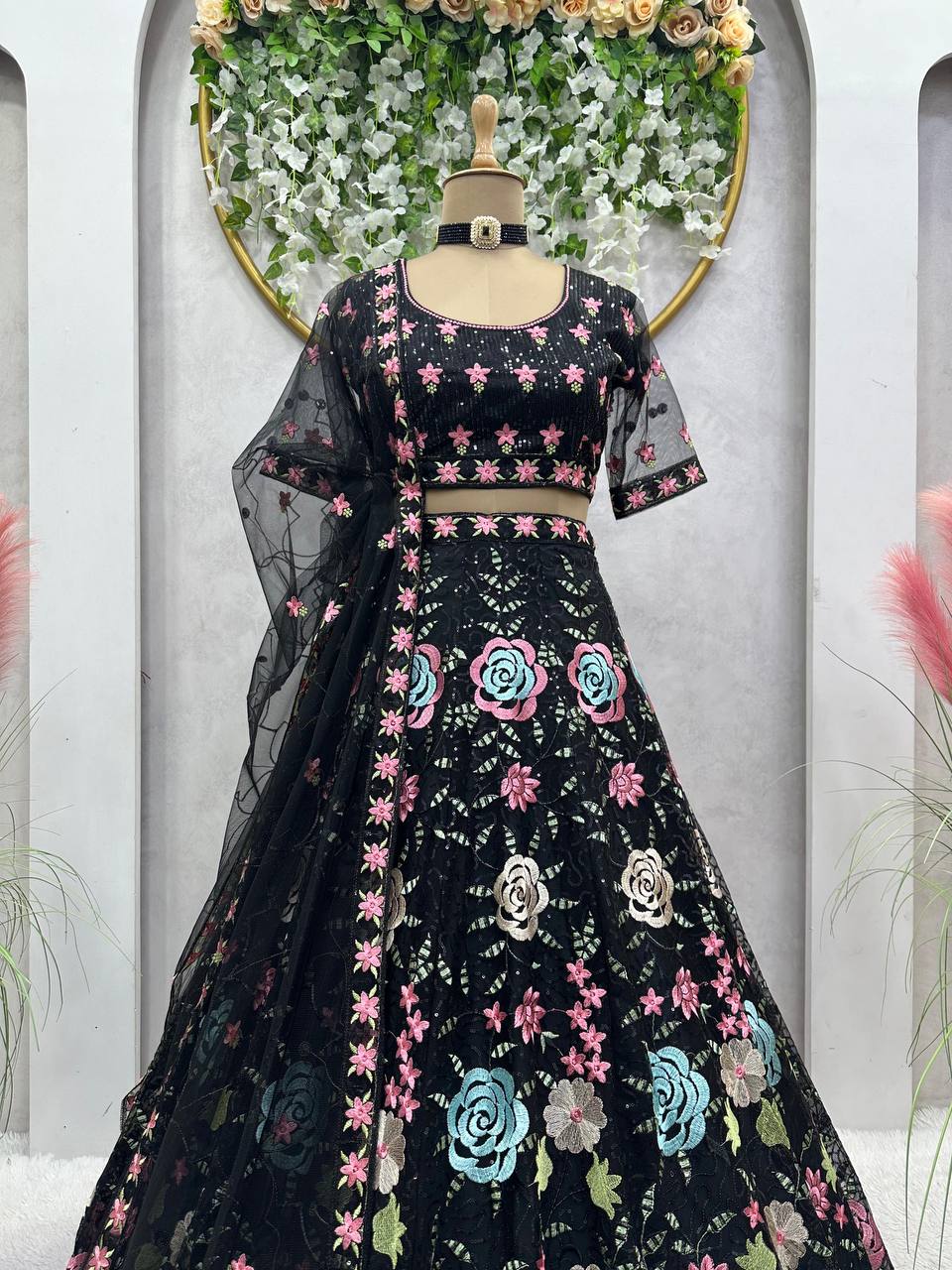 Black Graceful Soft Net Semi-Stitched Lehenga Choli Set with Elegant Sequence Work Clothsvilla