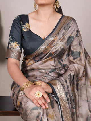 Black Graceful Tussar Silk Printed Saree with Viscose Border ClothsVilla