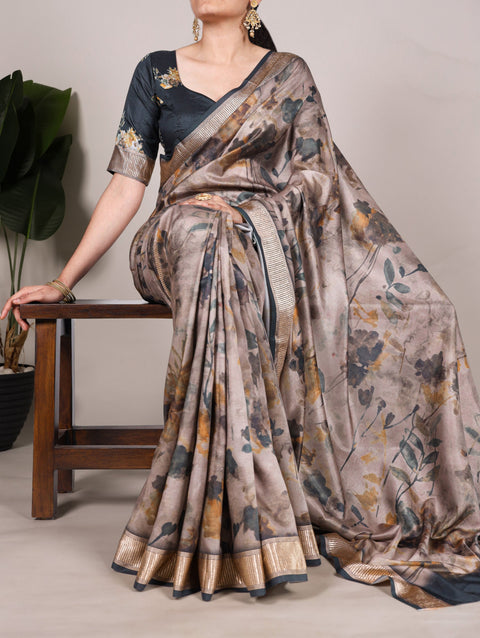 Black Graceful Tussar Silk Printed Saree with Viscose Border ClothsVilla Main image