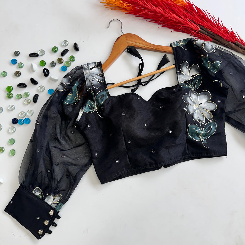 Black Hand-Painted Organza Silk Blouse with Embroidery Accents ClothsVilla