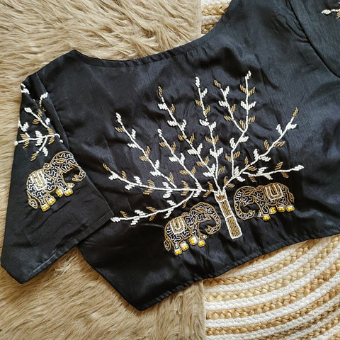 Black Handcrafted Blouse with Detailed Sleeves and Back in Haka Silk ClothsVilla Main image
