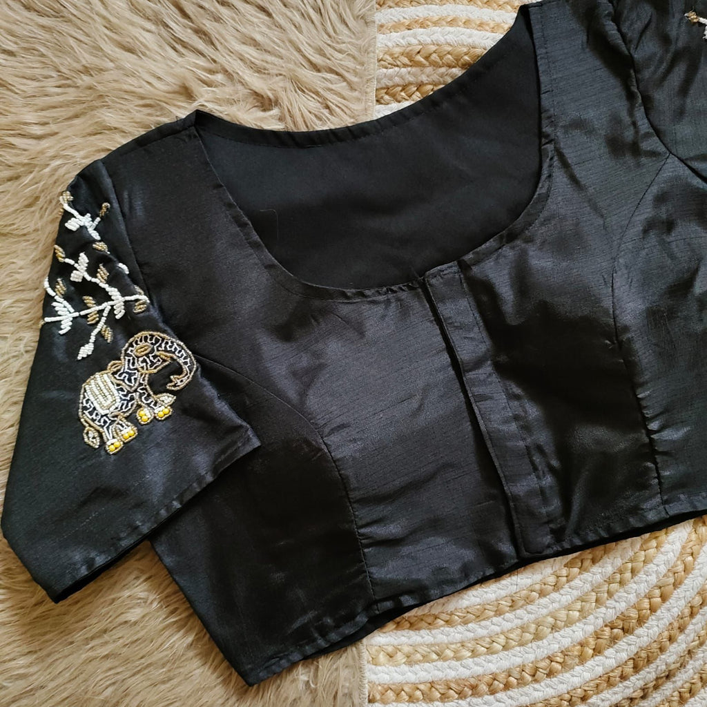 Black Handcrafted Blouse with Detailed Sleeves and Back in Haka Silk ClothsVilla