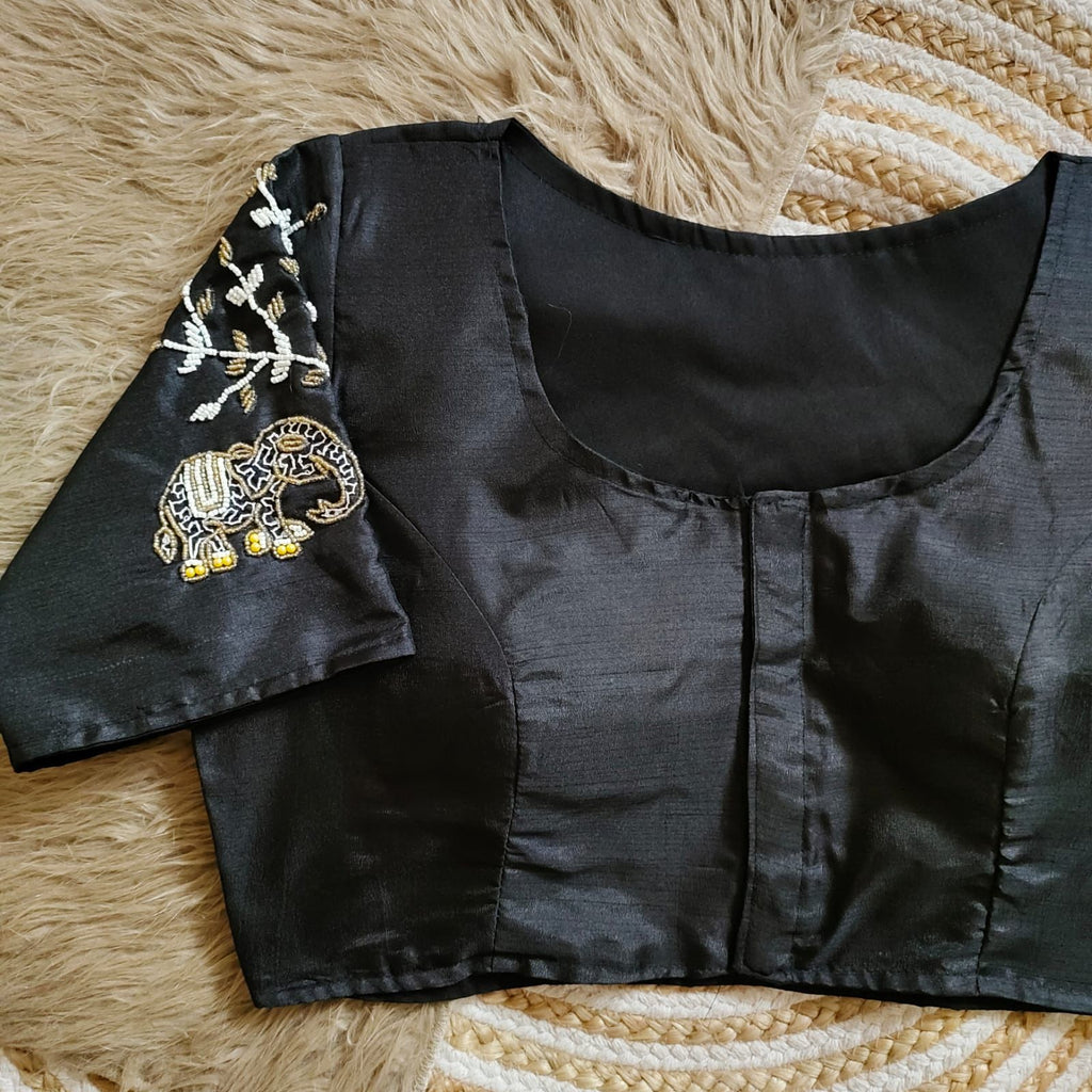 Black Handcrafted Blouse with Detailed Sleeves and Back in Haka Silk ClothsVilla