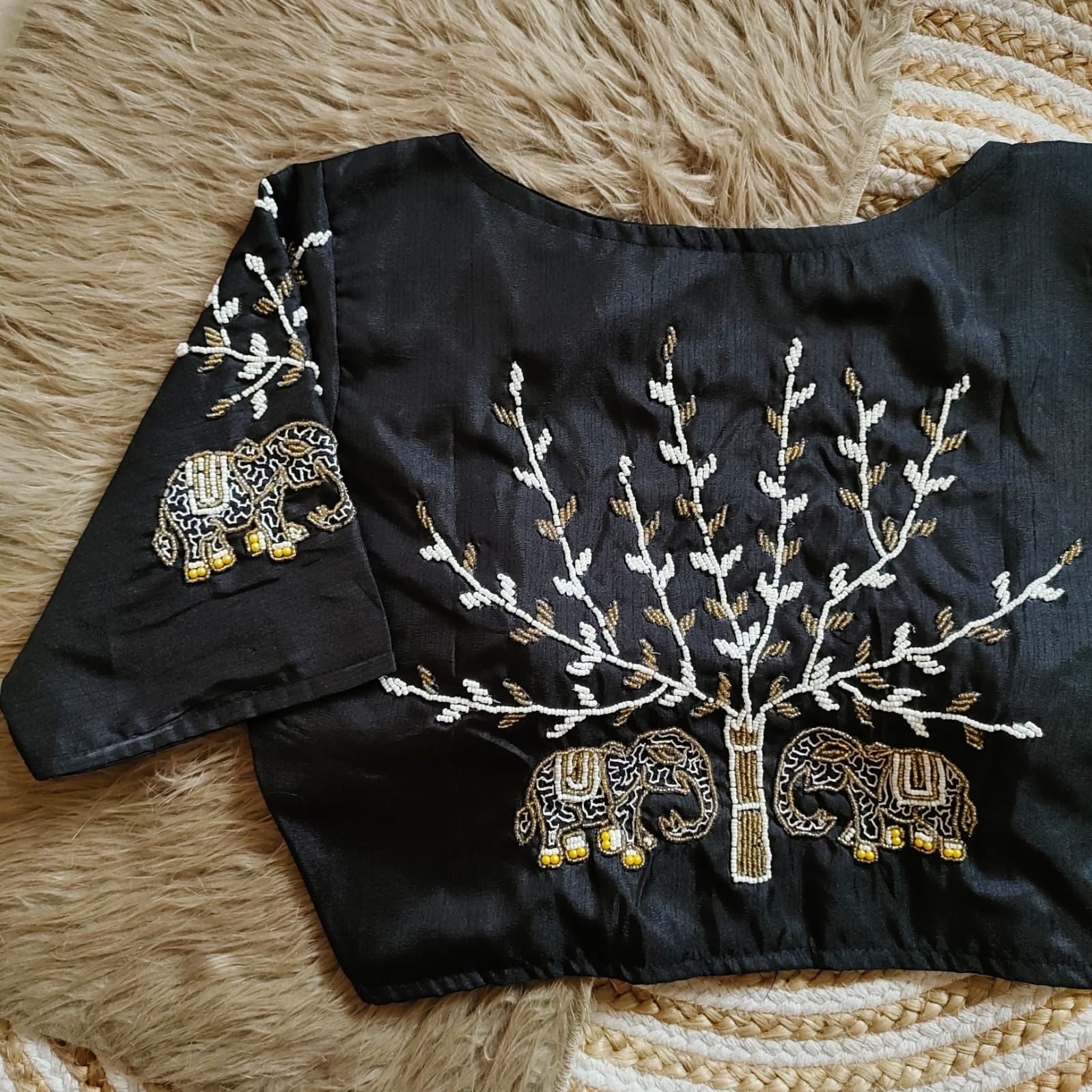 Black Handcrafted Blouse with Detailed Sleeves and Back in Haka Silk Secondary image