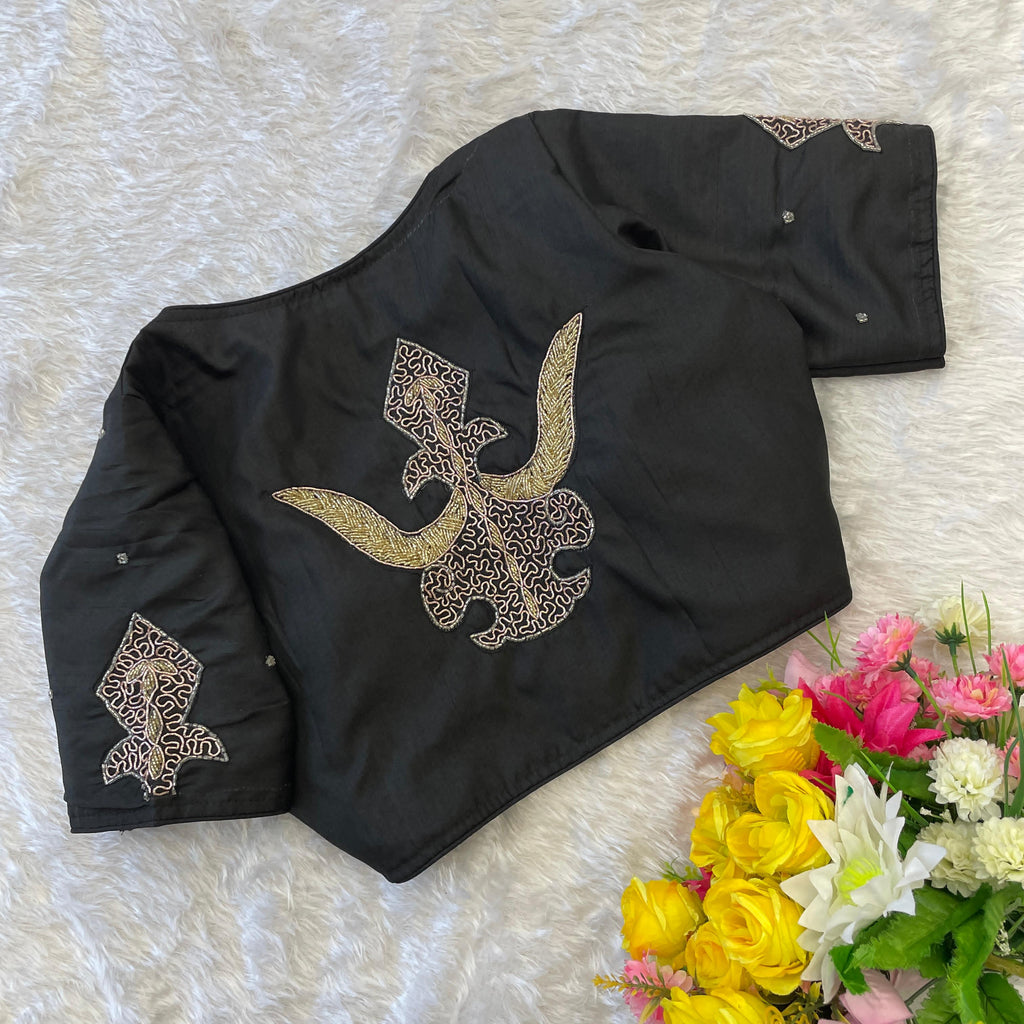 Black Handcrafted Muskan Silk Blouse with Designer Collar and Handwork ClothsVilla