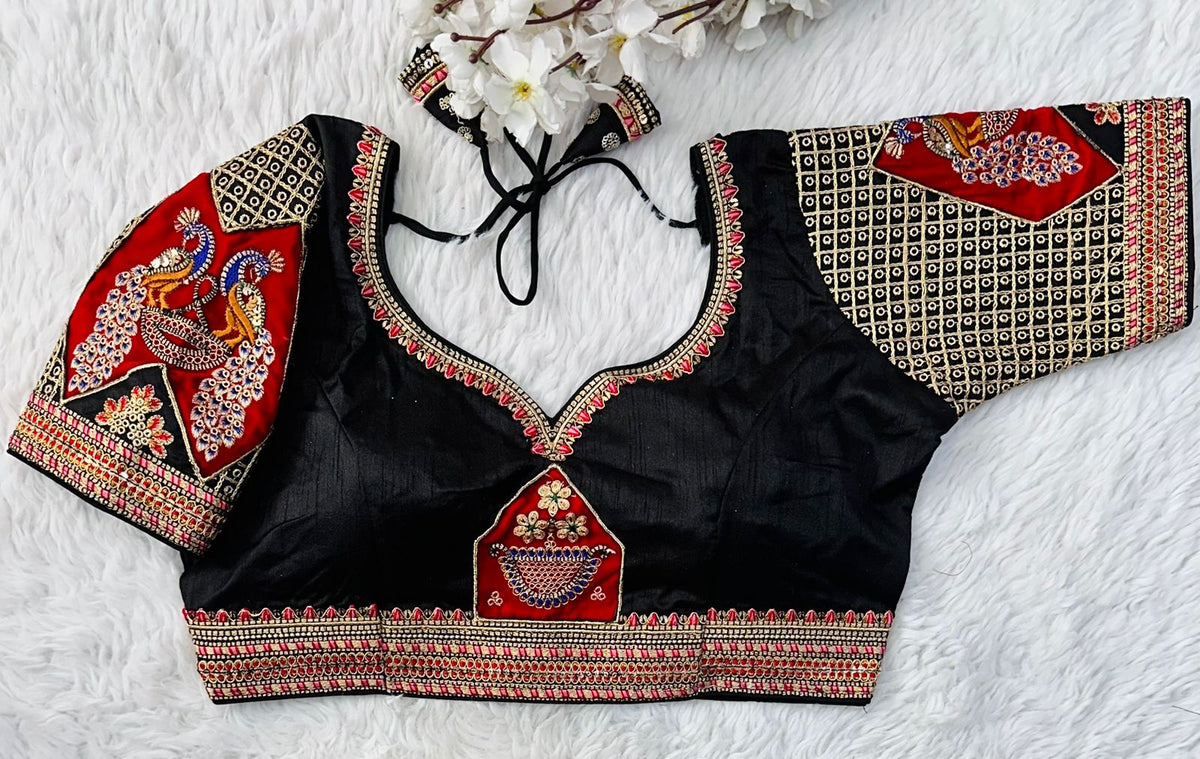 Black Handcrafted Sequined Blouse in Dilkush Silk ClothsVilla Main image