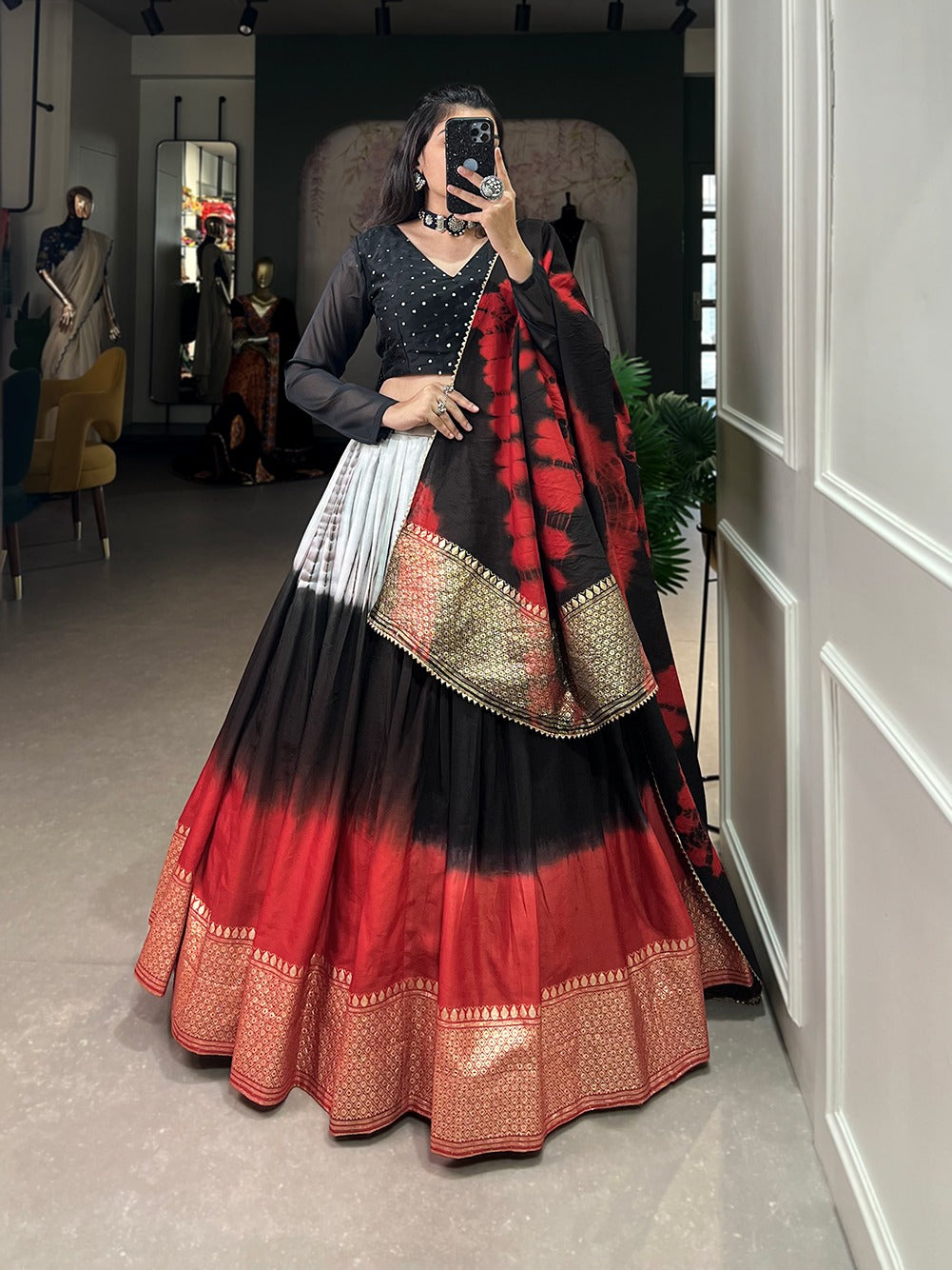 Black And Red Dola Silk With Printed And Foil Work Lehenga Choli – Sareewave
