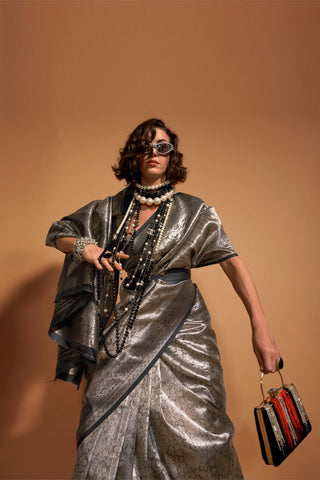 Black Handwoven Kanjivaram Silk Saree with Blouse Piece Clothsvilla