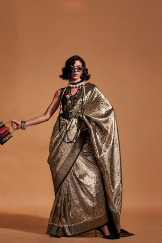 Black Handwoven Kanjivaram Silk Saree with Blouse Piece Clothsvilla