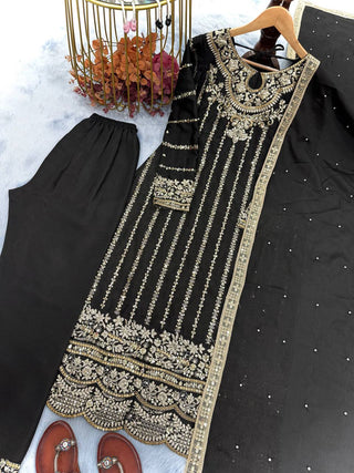 Black Heavy Chinon Silk Embroidered Suit Set with Rivet Moti & Sequin Work ClothsVilla