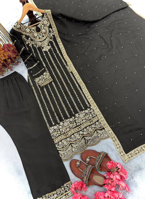 Black Heavy Chinon Silk Embroidered Suit Set with Rivet Moti & Sequin Work ClothsVilla