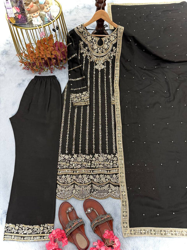 Black Heavy Chinon Silk Embroidered Suit Set with Rivet Moti & Sequin Work ClothsVilla