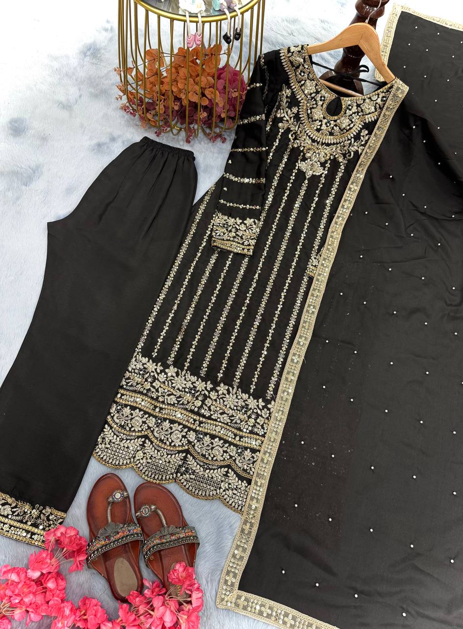 Black Heavy Chinon Silk Embroidered Suit Set with Rivet Moti & Sequin Work ClothsVilla