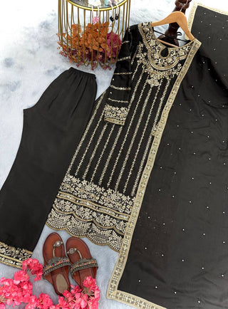 Black Heavy Chinon Silk Embroidered Suit Set with Rivet Moti & Sequin Work ClothsVilla