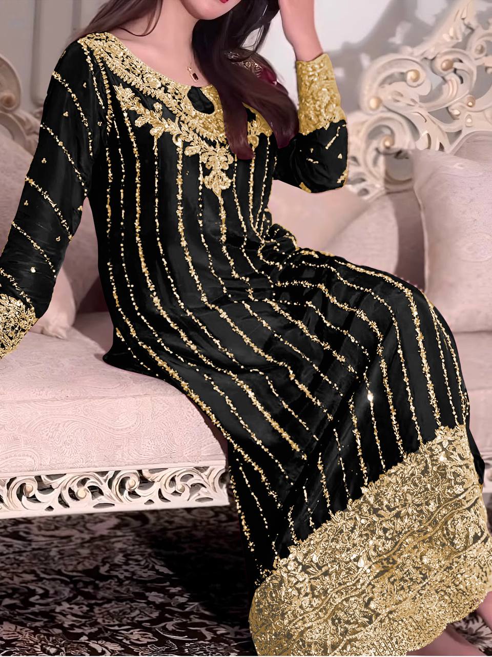 Black Heavy Chinon Silk Embroidered Suit Set with Rivet Moti & Sequin Work ClothsVilla