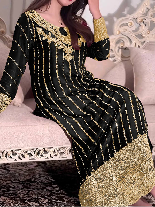 Black Heavy Chinon Silk Embroidered Suit Set with Rivet Moti & Sequin Work ClothsVilla