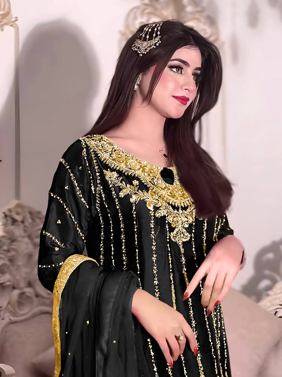 Black Heavy Chinon Silk Embroidered Suit Set with Rivet Moti & Sequin Work ClothsVilla