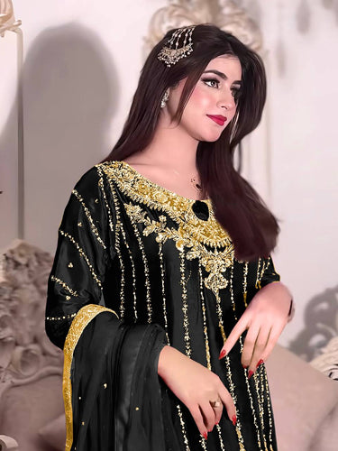 Black Heavy Chinon Silk Embroidered Suit Set with Rivet Moti & Sequin Work ClothsVilla