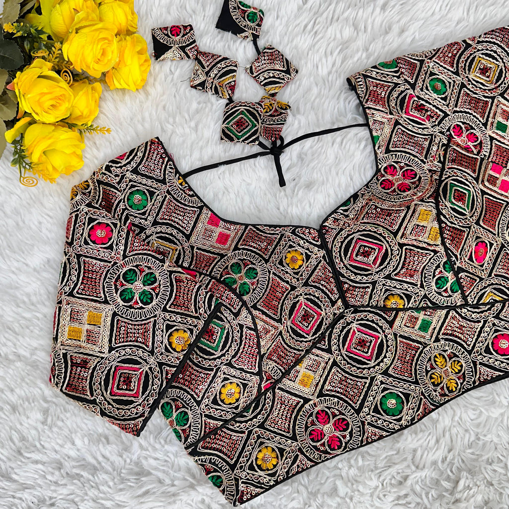 Black Heavy Cording Work Pure Georgette Blouse with Multicolor Embellishments ClothsVilla