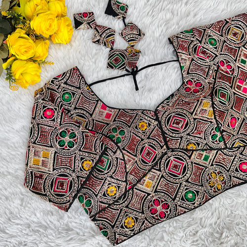 Black Heavy Cording Work Pure Georgette Blouse with Multicolor Embellishments ClothsVilla