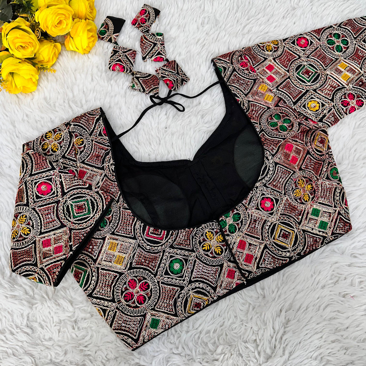Black Heavy Cording Work Pure Georgette Blouse with Multicolor Embellishments ClothsVilla Main image