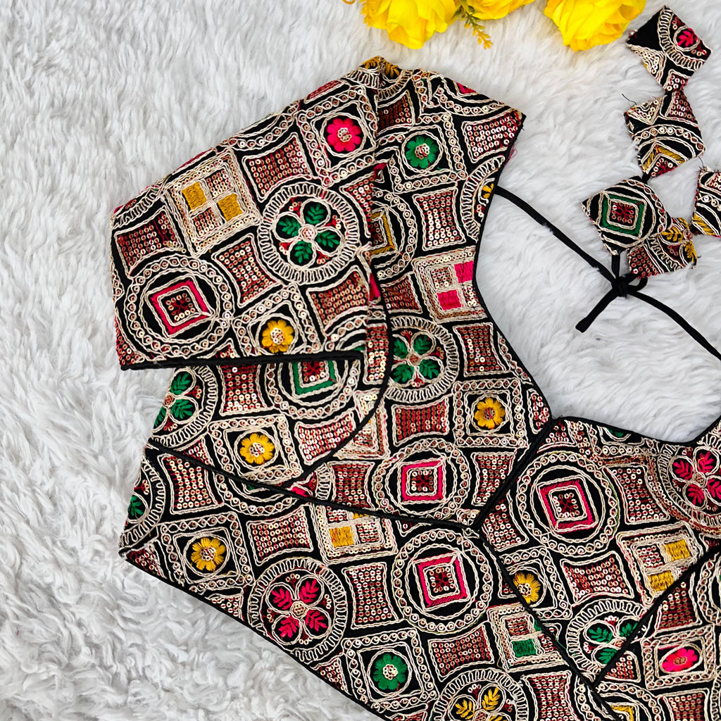 Black Heavy Cording Work Pure Georgette Blouse with Multicolor Embellishments ClothsVilla