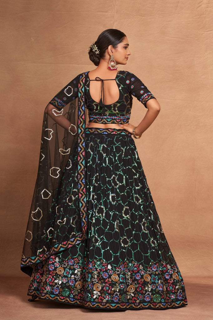 Black Heavy Georgette Embroidered Lehenga Choli Set with Sequins & Net Dupatta ClothsVilla