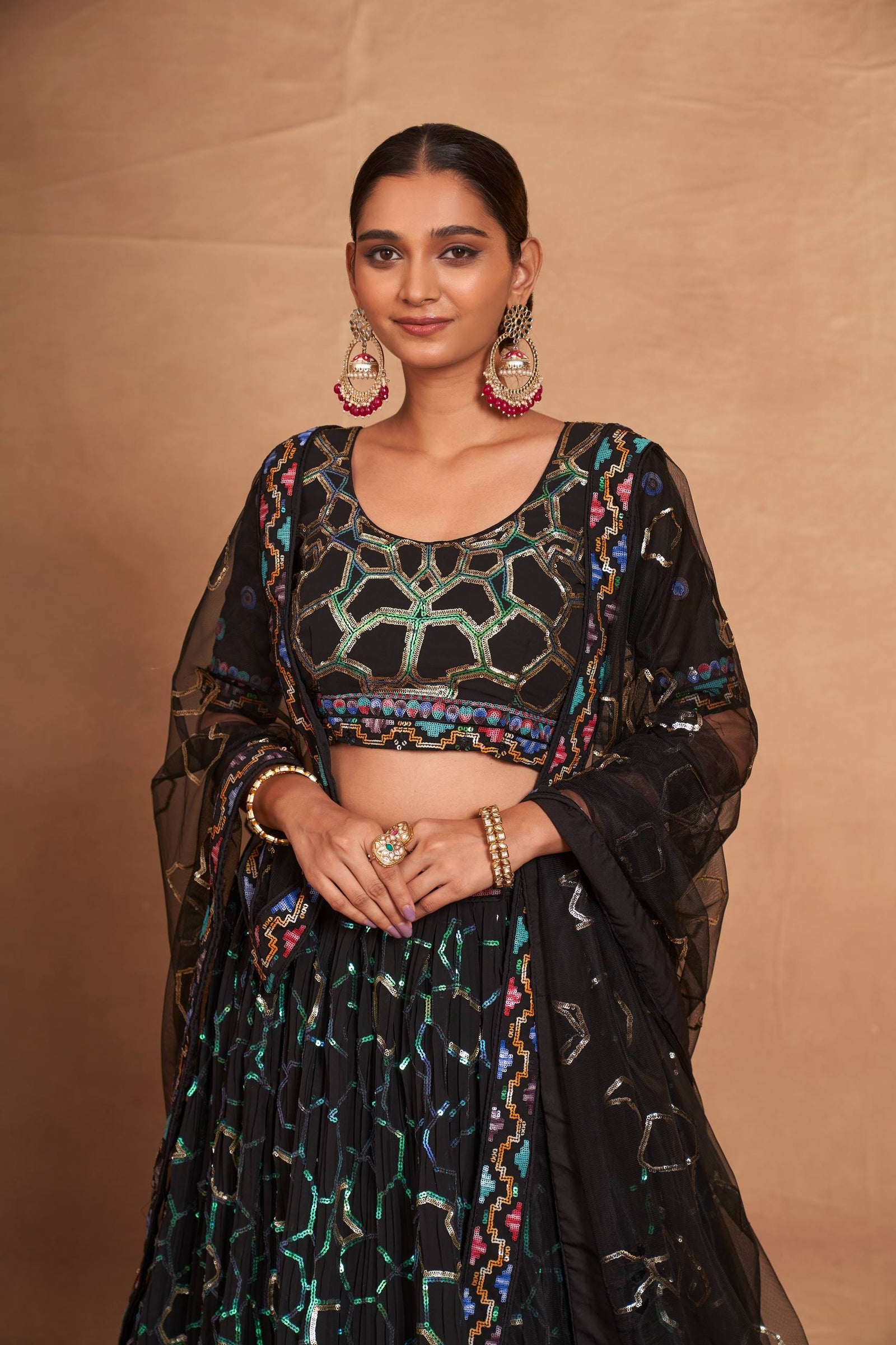 Black Heavy Georgette Embroidered Lehenga Choli Set with Sequins & Net Dupatta ClothsVilla