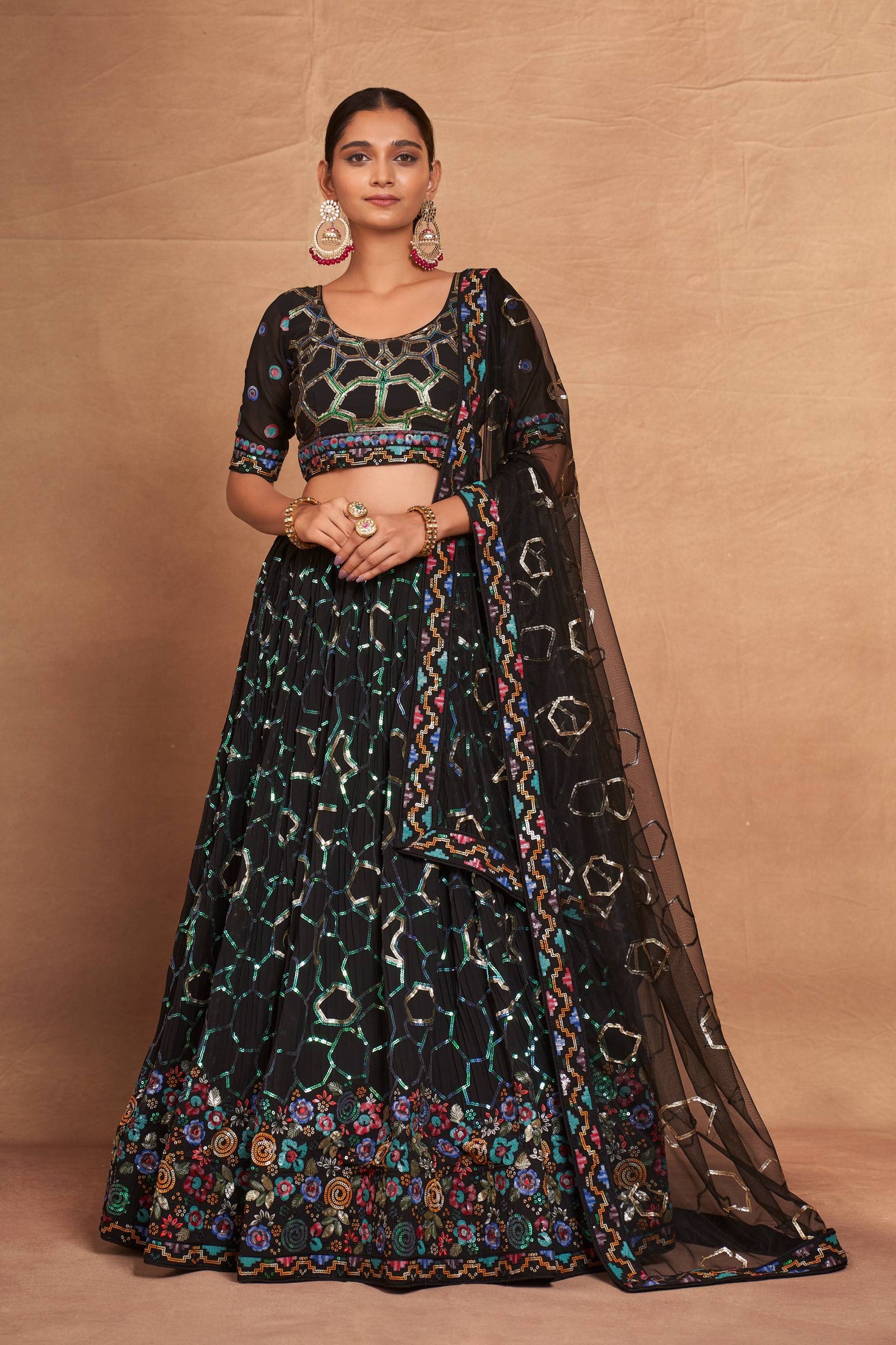 Black Heavy Georgette Embroidered Lehenga Choli Set with Sequins & Net Dupatta ClothsVilla