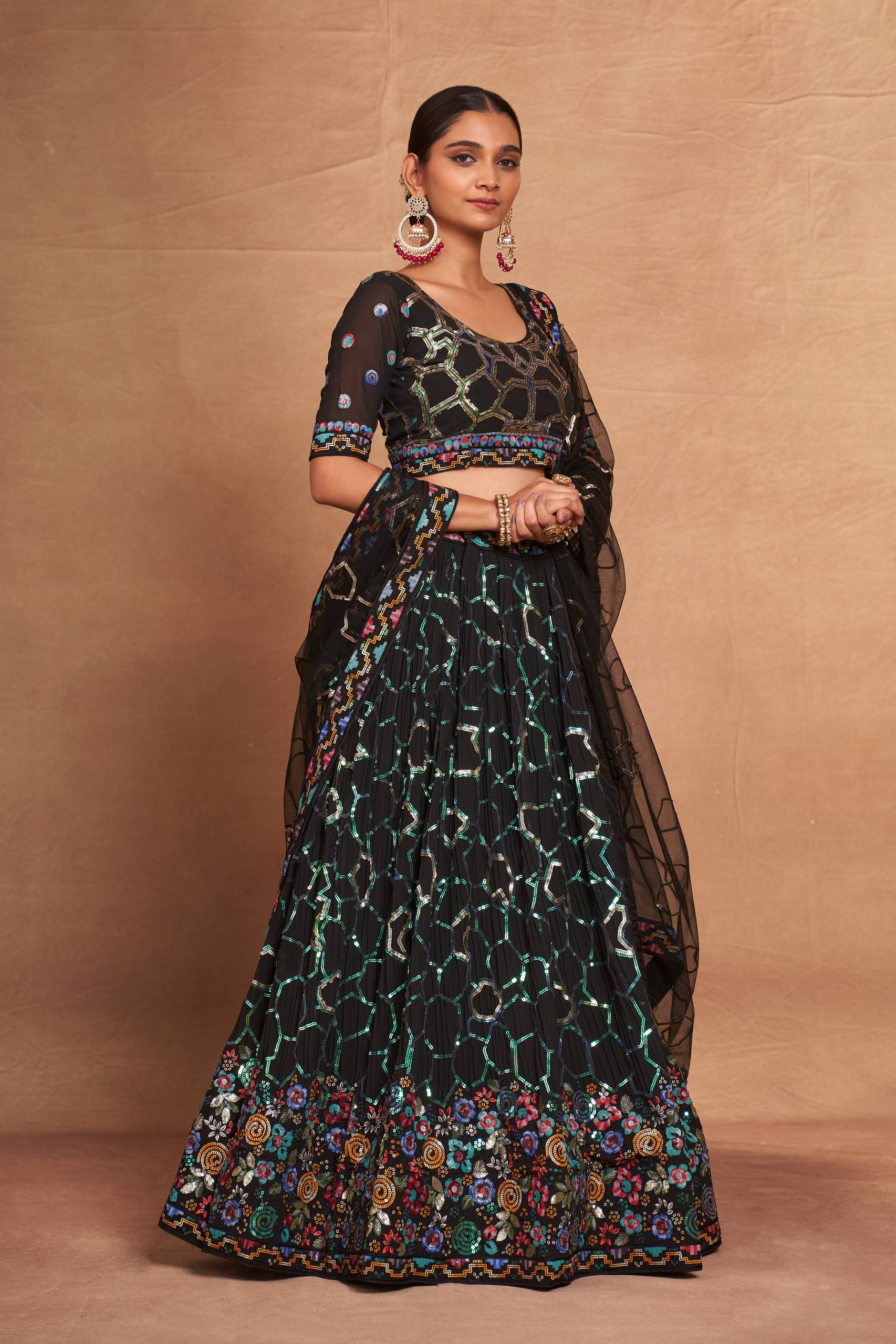 Black Heavy Georgette Embroidered Lehenga Choli Set with Sequins & Net Dupatta Secondary image