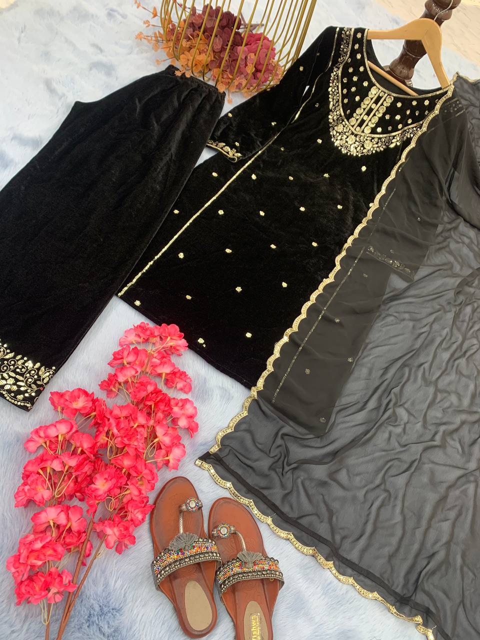 Black Heavy Pure Viscose Velvet Top with Plazzo & Dupatta Set - 5 mm Sequence Work and Fancy Sleeve ClothsVilla Main image