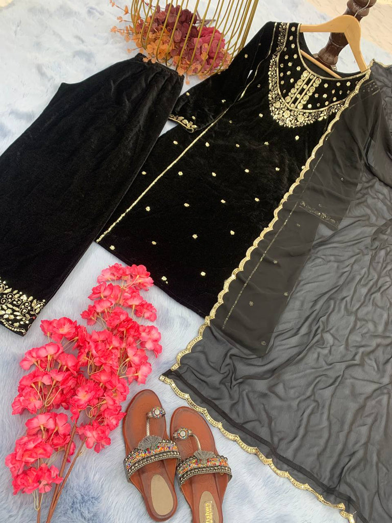Black Heavy Pure Viscose Velvet Top with Plazzo & Dupatta Set - 5 mm Sequence Work and Fancy Sleeve ClothsVilla