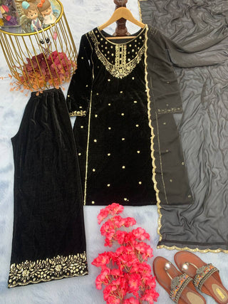 Black Heavy Pure Viscose Velvet Top with Plazzo & Dupatta Set - 5 mm Sequence Work and Fancy Sleeve ClothsVilla