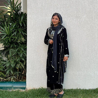 Black Heavy Pure Viscose Velvet Top with Plazzo & Dupatta Set - 5 mm Sequence Work and Fancy Sleeve ClothsVilla