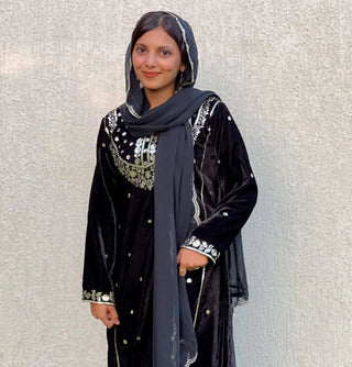 Black Heavy Pure Viscose Velvet Top with Plazzo & Dupatta Set - 5 mm Sequence Work and Fancy Sleeve ClothsVilla