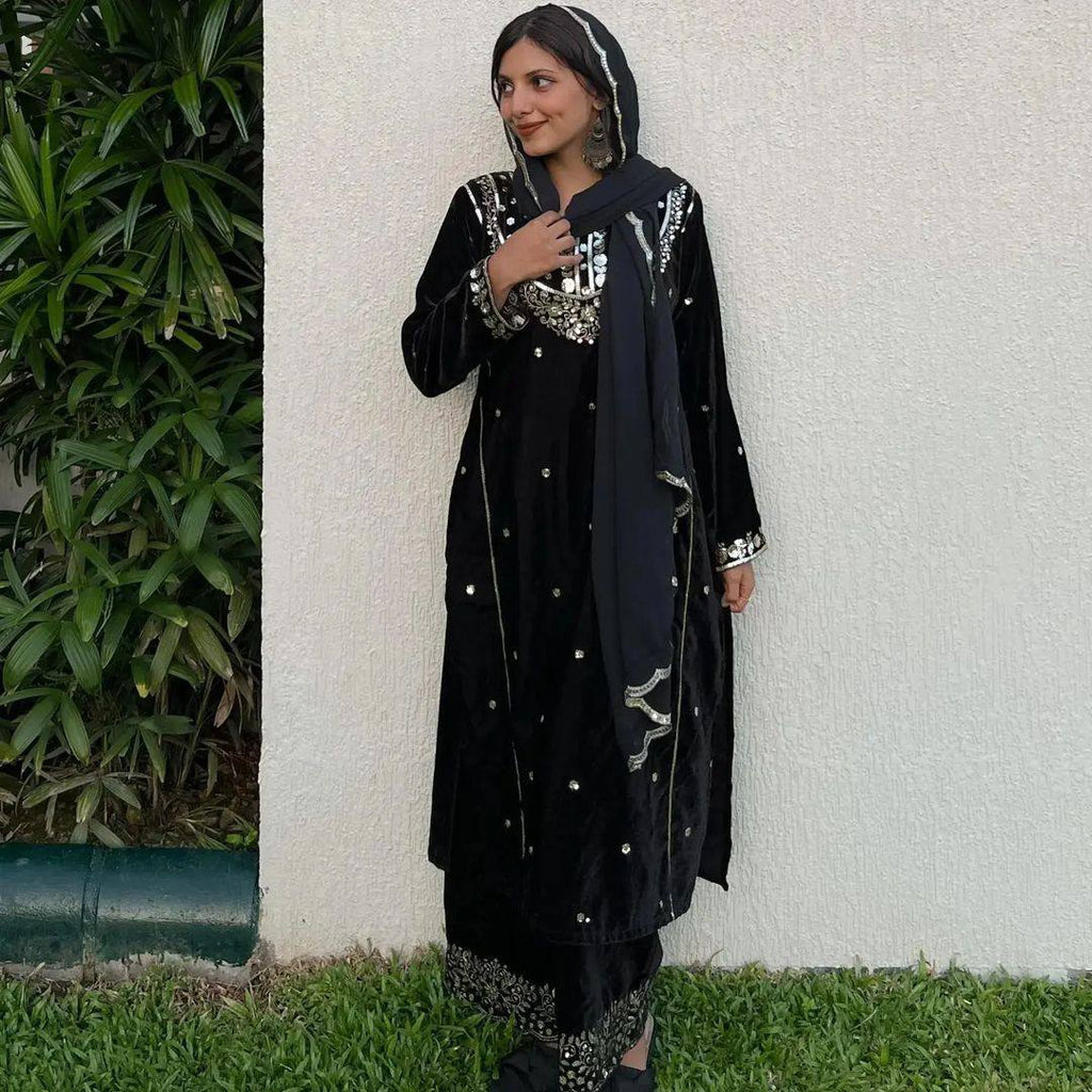 Black Heavy Pure Viscose Velvet Top with Plazzo & Dupatta Set - 5 mm Sequence Work and Fancy Sleeve ClothsVilla