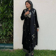 Load image into Gallery viewer, Black Heavy Pure Viscose Velvet Top with Plazzo &amp; Dupatta Set - 5 mm Sequence Work and Fancy Sleeve ClothsVilla
